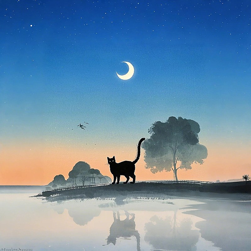 猫与月亮，现代国风水墨插画
