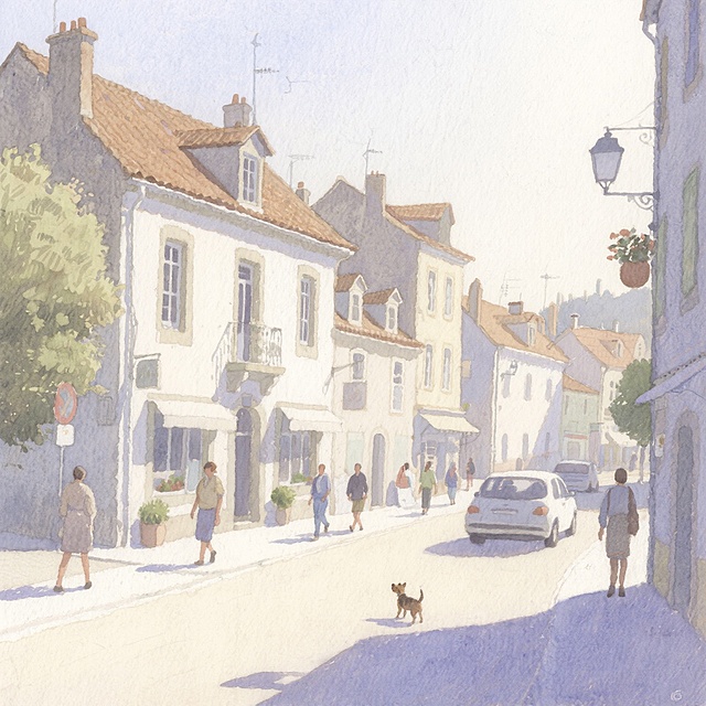 水彩风格的小镇街景，柔和的色调，建筑以浅灰和米白为主，屋顶为暖棕色，街道上有行人、车辆和一只小狗，光影自然，营造出宁静悠闲的氛围。
