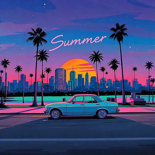 汽车，落日，棕榈树，手写英文“summer”