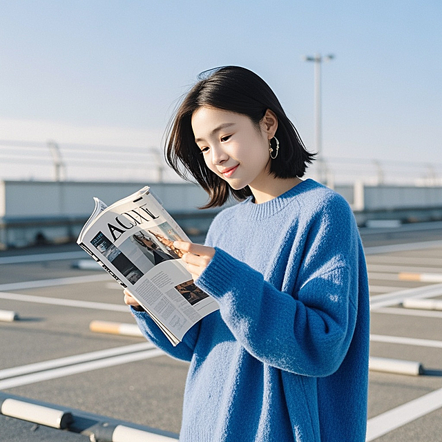 抱着杂志的女生，蓝色毛衣，停车场，蓝天