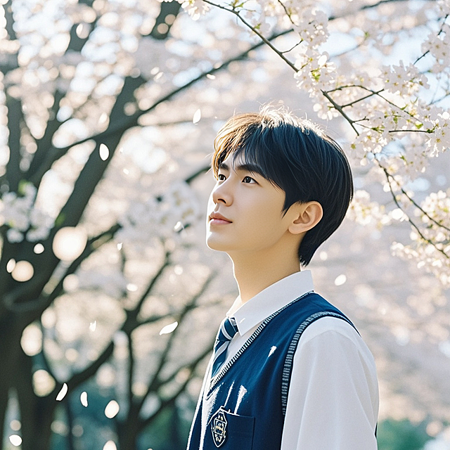 清新感与柔和光影交织，少年身着校服立于樱花树下，唯美文艺气息扑面而来，实景与轻拟物风融合，宛如春日动漫场景。