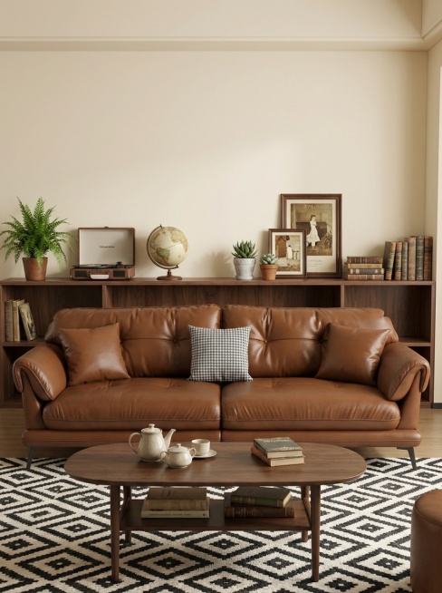 一张中古风家居场景图,主体是棕色皮质沙发,带有两个同色皮质靠枕和一个千鸟格靠枕,沙发饱满填充、稳固落地。参考图的暖调氛围,采用柔和漫射光,背景是米白色墙面,墙面下方摆放深胡桃木置物架,架上放置复古唱片预览效果