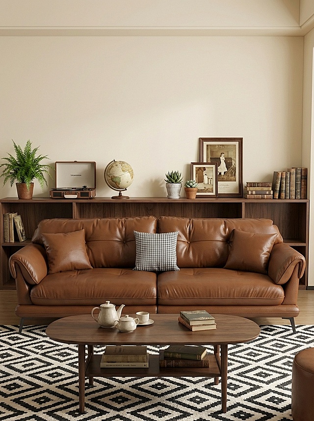 一张中古风家居场景图，主体是棕色皮质沙发，带有两个同色皮质靠枕和一个千鸟格靠枕，沙发饱满填充、稳固落地。参考图的暖调氛围，采用柔和漫射光，背景是米白色墙面，墙面下方摆放深胡桃木置物架，架上放置复古唱片机、地球仪、植物盆栽、装饰画、书籍。沙发前方铺有黑白几何图案地毯，摆放椭圆形木质茶几，茶几上放置茶具和书籍。机位微侧15度，构图采用三分法，画面有前中后景层次，整体温暖有质感。