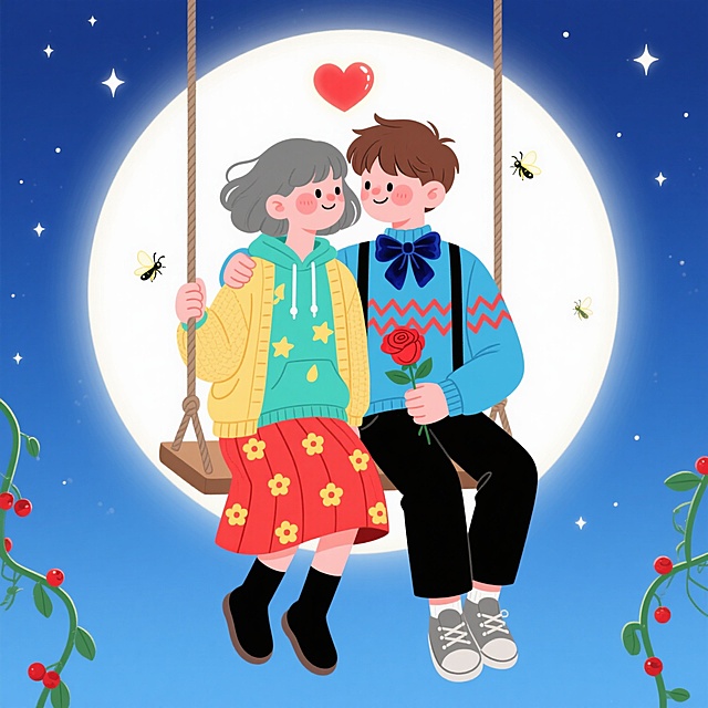 平面插画风格，卡通情侣依偎在月光下的秋千上，柔和渐变的靛蓝色夜空点缀着闪烁的星星，女孩留着蓬松的灰色短发，发梢微微卷曲，穿着薄荷绿带黄色星星和水滴图案的宽松卫衣，外搭鹅黄色针织开衫，红色带黄色小花图案的百褶中长裙随着秋千摆动，黑色堆堆袜和圆头小皮鞋，脸颊泛着可爱的红晕；男孩留着柔软的棕色短发，额前有几缕调皮的碎发，穿着天蓝色圆领毛衣，领口系着深蓝色丝绒蝴蝶结，点缀着精致的红色锯齿花纹，黑色背带长裤，灰色帆布鞋，右手温柔地搂着女孩的肩膀，左手拿着一朵娇艳的红色玫瑰花，脸颊同样泛着红晕，两人头顶上方漂浮着一颗闪着微光的红色爱心，周围环绕着几只飞舞的萤火虫，画面底部左右两侧有垂坠的绿色藤蔓和红色小浆果装饰，整体色调清新梦幻，线条简洁流畅，充满温馨浪漫的氛围。