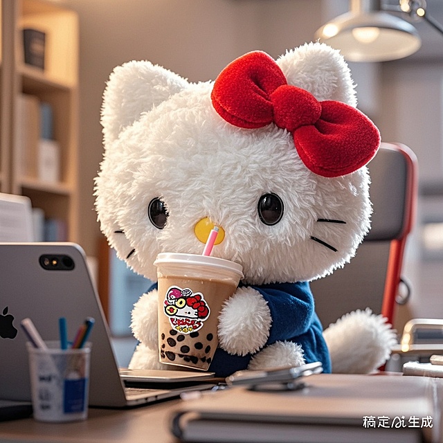 Kitty猫拿着奶茶打工
