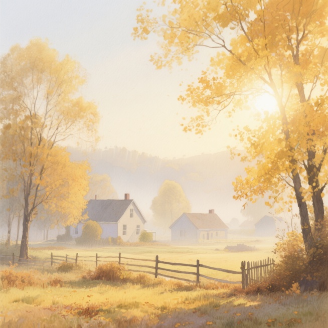 水彩风格，秋日乡村景象，阳光透过金黄树叶洒下，柔和光晕笼罩画面，房屋错落，朦胧雾气中透出温暖色调，简洁线条勾勒树木与栅栏，营造宁静诗意氛围。预览效果