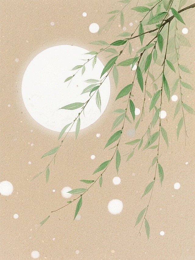 浅棕色背景上，白色圆形月亮旁，绿色柳枝自然垂落，柳枝细节清晰，叶片层次分明，背景散布白色光斑，营造出宁静、柔和的氛围。