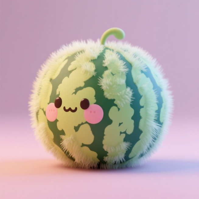 一个毛毛西瓜，表面覆盖着柔软的绒毛，呈现出软3D风格，色彩鲜艳，立体感强，细节丰富预览效果