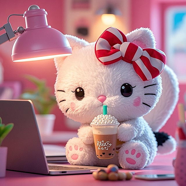 Kitty猫拿着奶茶打工