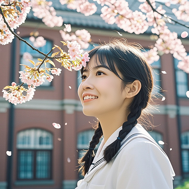 一个女生，樱花树下，校服，麻花辫，背景是学校