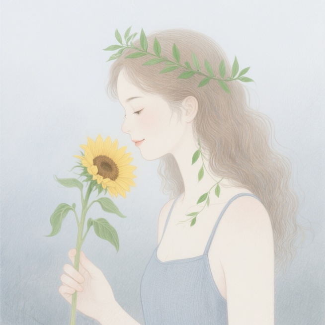 淡彩手绘风格插画，柔和的雾灰色背景如晨雾般弥漫，细腻的铅笔线条勾勒出画面轮廓。画面中央是一位女性微微低垂的侧脸，柔和的轮廓被柔光映照，长而卷曲的亚麻色头发如波浪般自然垂落，发间点缀着由嫩绿细长叶片编织的花环，几片叶子俏皮地垂落在白皙的颈项旁。她身着简约的灰蓝色棉质吊带背心，衣料的纹理通过轻柔的笔触展现，左手轻轻拈着一朵盛开的向日葵，花茎纤细带叶，金黄的花瓣如阳光般舒展，花盘贴近她含笑的唇边，仿……预览效果