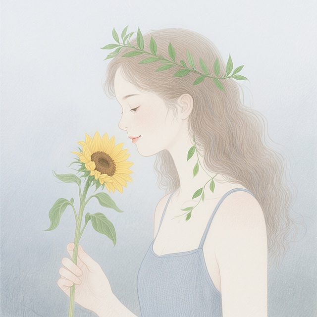 淡彩手绘风格插画，柔和的雾灰色背景如晨雾般弥漫，细腻的铅笔线条勾勒出画面轮廓。画面中央是一位女性微微低垂的侧脸，柔和的轮廓被柔光映照，长而卷曲的亚麻色头发如波浪般自然垂落，发间点缀着由嫩绿细长叶片编织的花环，几片叶子俏皮地垂落在白皙的颈项旁。她身着简约的灰蓝色棉质吊带背心，衣料的纹理通过轻柔的笔触展现，左手轻轻拈着一朵盛开的向日葵，花茎纤细带叶，金黄的花瓣如阳光般舒展，花盘贴近她含笑的唇边，仿佛在轻嗅阳光的味道。整体色调以灰蓝为底，点缀着嫩绿与明黄，营造出宁静而温暖的氛围，线条流畅优雅，色彩过渡自然柔和，散发着清新治愈的美感。