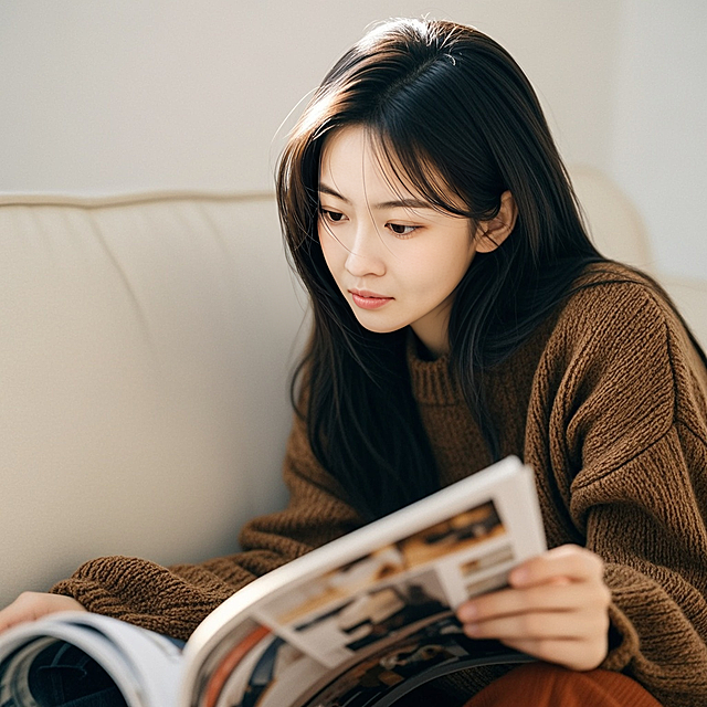 一个女生，坐在沙发上，杂志，棕色毛衣，白色墙壁