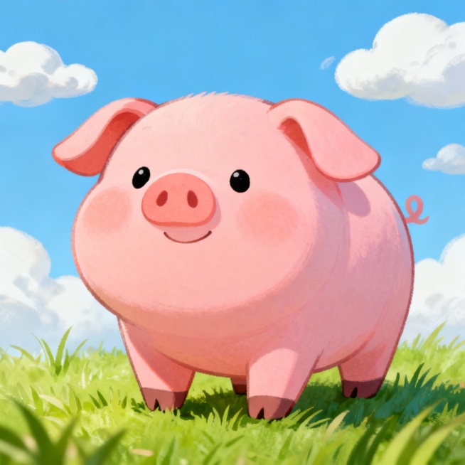 一只可爱的卡通小猪，粉色的身体，圆滚滚的肚子，大大的耳朵耷拉着，黑色的小眼睛，微笑的嘴巴，四肢短短的，站在绿色的草地上，背景有几朵白云预览效果