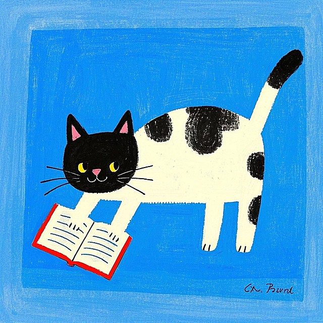 一只猫在看书，蓝色背景