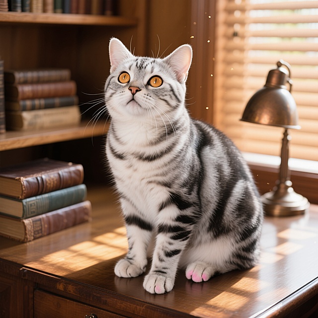 俯视角特写，一只银灰色虎斑纹美国短毛猫正以优雅的坐姿端坐在复古橡木书桌上，它蓬松柔软的毛发在午后斜射的阳光中泛着珍珠般的光泽，黑色条纹如同手绘般清晰地勾勒出脊背的轮廓。琥珀色的圆形眼睛好奇地向上仰望，瞳孔因光线而微微收缩成漂亮的枣核状，耳朵警觉地向前竖起，顶端覆盖着细腻的绒毛。前爪并拢在胸前，粉色肉垫半藏在雪白的爪毛中，细长的胡须随着轻微的呼吸微微颤动。背景是温暖的浅棕色木质书架，上面散落着几本皮质封面的旧书和一个铜制台灯，阳光透过百叶窗在猫身上投下斑驳的光影，空气中漂浮着细微的金色尘埃，整体画面散发着沉静而温暖的书香气息，8K超高清细节捕捉每一根毛发的质感与光泽变化。