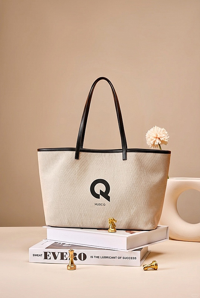 将米白色帆布托特包（带有黑色Q形logo和黑色包边、提手）自然摆放在奶咖色桌面场景的堆叠书籍上，完全移除场景中原有的棕色包包，完整保留所有书籍、金色国际象棋棋子、白色异形花瓶和浅粉色花朵。光影完全匹配场景的柔和暖调侧光，包身呈现自然的明暗过渡，底部生成真实柔和的接触阴影，包身边缘添加环境暖棕色漫反射，完全消除抠图白边，包的大小比例与场景适配，摆放角度自然协调，整体为高级感法式奶油风商业产品摄影，画面清晰细腻，融合毫无违和感。