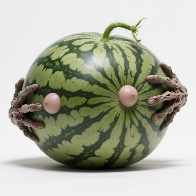 一个逼真的西瓜，圆形，瓜皮为深绿色和浅绿色相间的纹路，有自然的光泽，瓜蒂为绿色，带有细小的绒毛，背景为白色，高清，8k分辨率，写实风格,NSFW,sexy,porn,erotic,zombie,nud预览效果