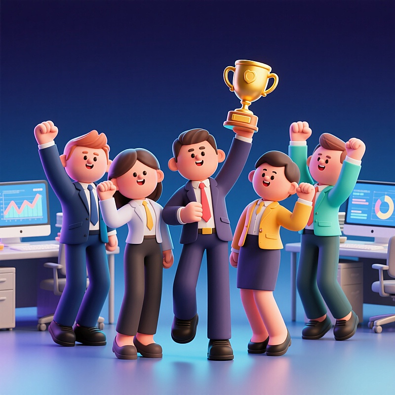 四位穿着职业装的商务人士，其中一人高举金色奖杯，其他人握拳庆祝，办公室背景，有图表和电脑，3D潮玩风格，色彩鲜艳，造型可爱，充满活力
