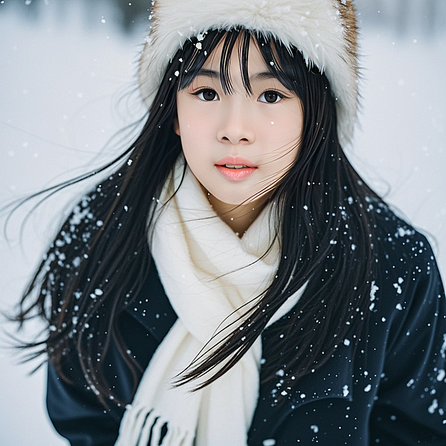 女生，黑色长发，白色围巾，白色帽子，黑色风衣，雪地，眼部大特写