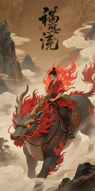 中国风插画风格，以棕色为主色调，在神秘且富有东方奇幻色彩的氛围中，一个骑在麒麟身上的人物被红色火焰状装饰环绕，麒麟的头部细节丰富，麟甲、鬃毛、犄角刻画细致，背景有云雾缭绕的山峦和灵动的书法字体。 预览效果