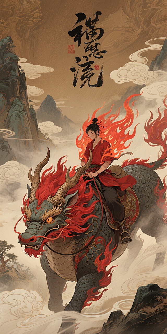 中国风插画风格，以棕色为主色调，在神秘且富有东方奇幻色彩的氛围中，一个骑在麒麟身上的人物被红色火焰状装饰环绕，麒麟的头部细节丰富，麟甲、鬃毛、犄角刻画细致，背景有云雾缭绕的山峦和灵动的书法字体。