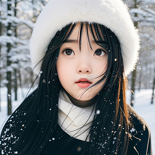 女生，黑色长发，白色围巾，白色帽子，黑色风衣，雪地，眼部大特写