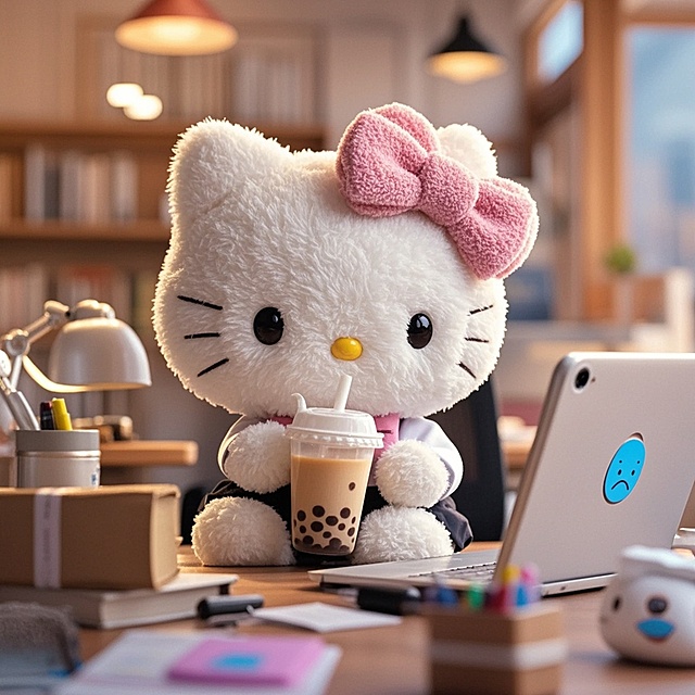 Kitty猫拿着奶茶打工