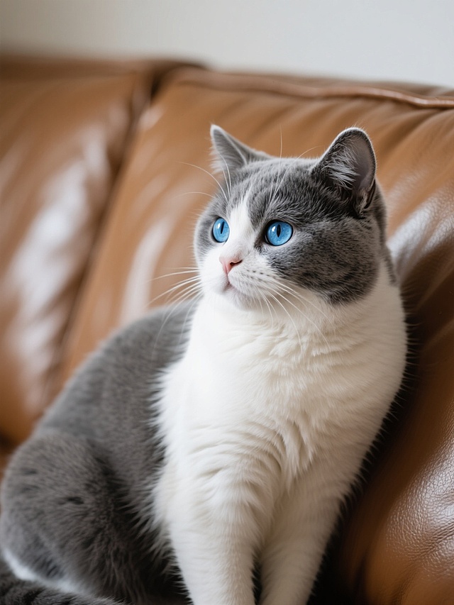 一只灰白相间的英国短毛猫，蓝色眼睛，靠在皮质沙发背景前，转头看向侧面，光线柔和，突出猫的毛发纹理和表情细节。