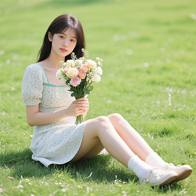 手捧鲜花的少女，穿着连衣短裙，坐在草地上
