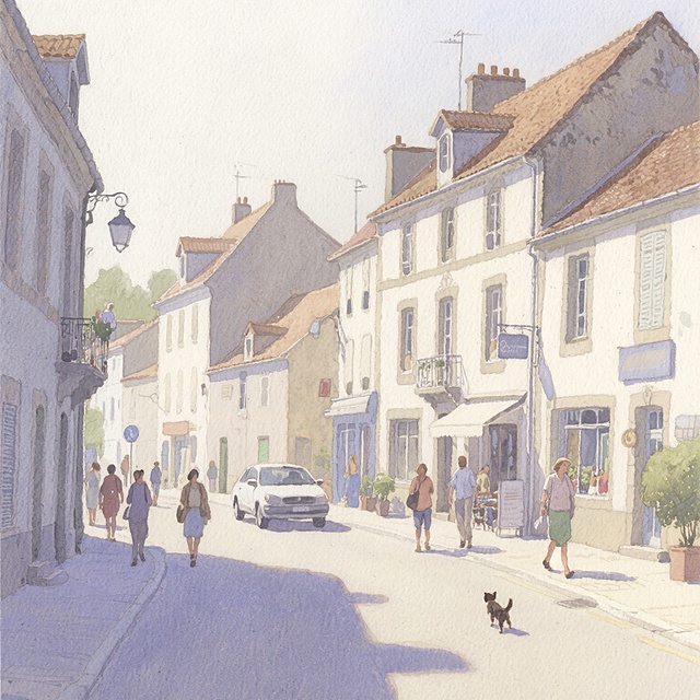 水彩风格的小镇街景，柔和的色调，建筑以浅灰和米白为主，屋顶为暖棕色，街道上有行人、车辆和一只小狗，光影自然，营造出宁静悠闲的氛围。