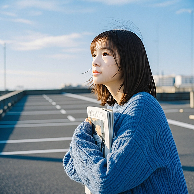抱着杂志的女生，蓝色毛衣，停车场，蓝天