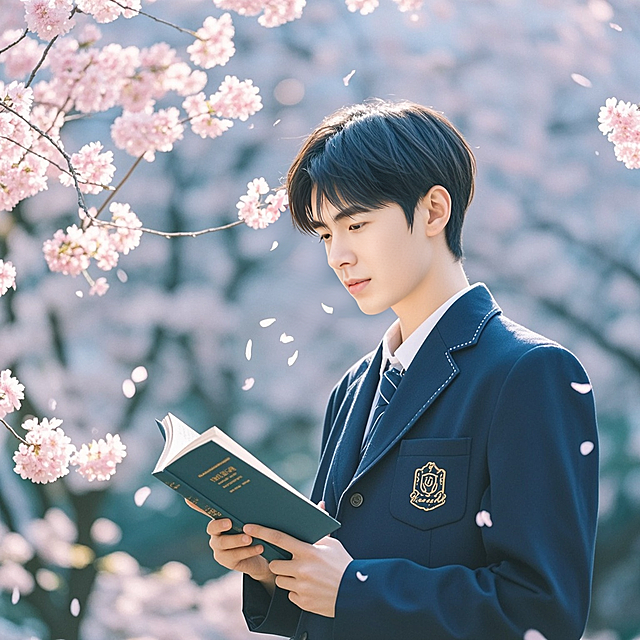 一个男生，樱花树下，校服