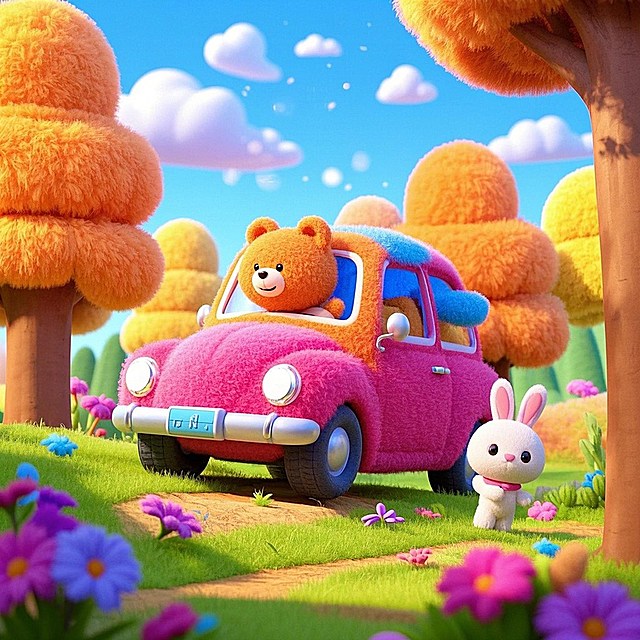 小熊在森林里开着汽车