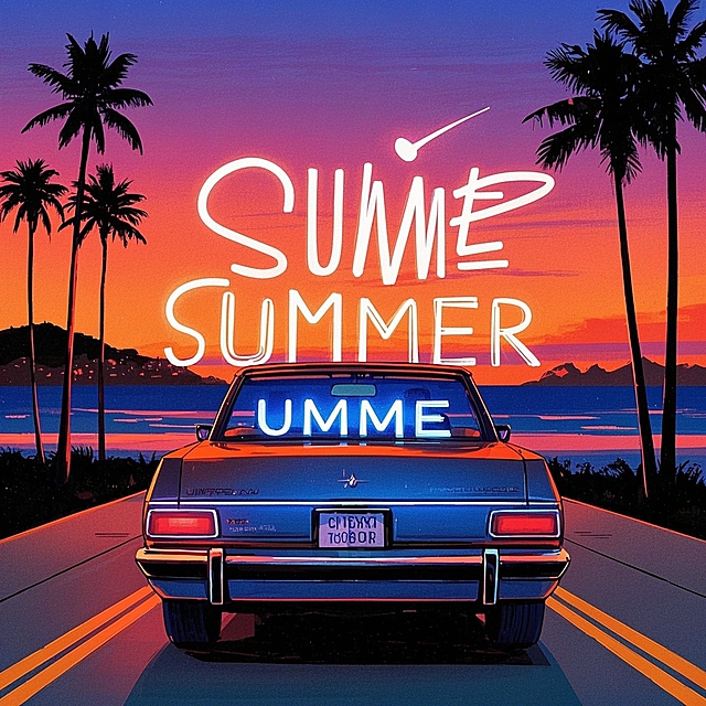 汽车，落日，棕榈树，手写英文“summer”