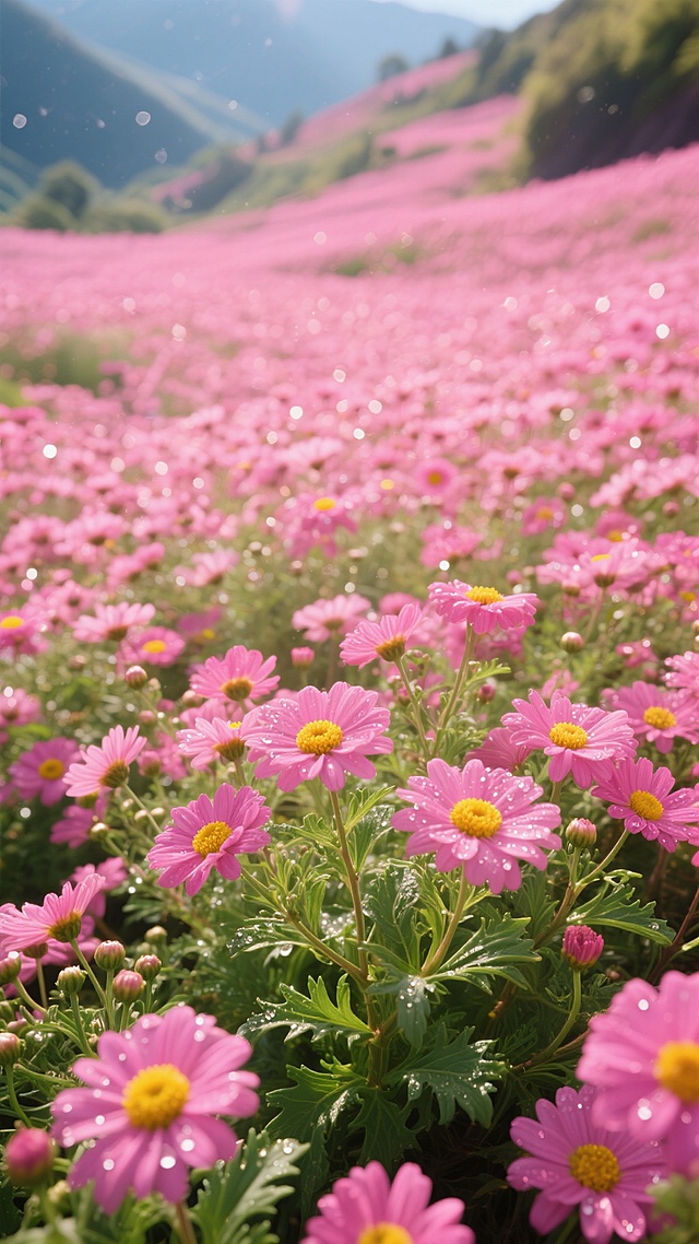 俯拍镜头，在一片如梦幻仙境般的山谷中，色彩浓烈到近乎绚烂的粉色菊花如繁星般密集排列，形成一片粉色的花海。每一朵菊花都有着明亮耀眼的黄色花蕊，如同夜空中闪烁的金色星辰，散发着温暖而迷人的光芒。它们的绿色叶片鲜嫩欲滴，脉络清晰可见，像是大自然精心绘制的艺术品，叶片上还挂着晶莹的露珠，在阳光的照耀下宛如细碎的钻石。微风轻拂，花海轻轻摇曳，散发出阵阵自然清新的芬芳，整个场景充满了蓬勃的生机与活力，色调以鲜艳的粉色为主调，搭配明亮的黄色和清新的绿色，营造出欢快而充满希望的氛围。