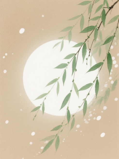 浅棕色背景上，白色圆形月亮旁，绿色柳枝自然垂落，柳枝细节清晰，叶片层次分明，背景散布白色光斑，营造出宁静、柔和的氛围。预览效果