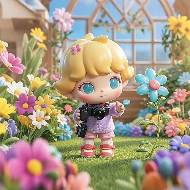 拿着相机拍照，在花园里