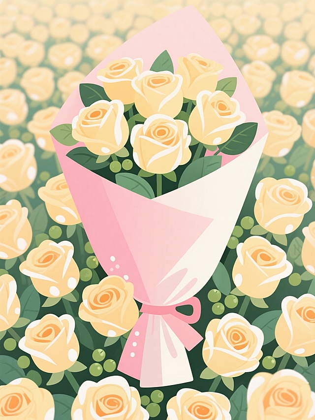 一束用浅粉色和白色渐变包装纸包裹的淡黄色玫瑰花束，花束下方是密集排列的淡黄色玫瑰，花瓣边缘微微卷曲，花心呈现柔和的橙黄色，周围环绕着带有白色斑纹的绿色叶子和细小的绿色浆果，整体画面色调柔和，营造出温馨浪漫的氛围。