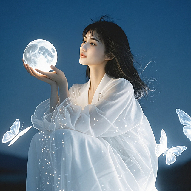 一个白裙子的女子，月亮碎片，梦蝶