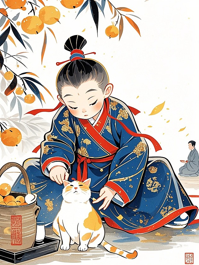 一个水墨汉服小公子在喂猫