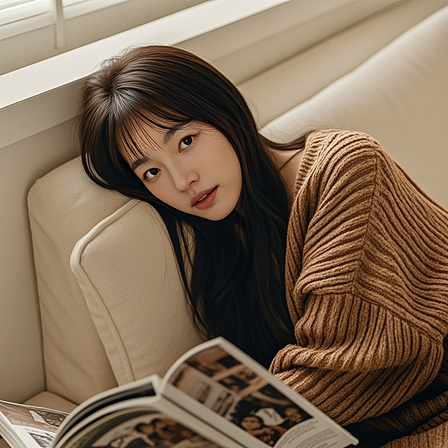 一个女生，坐在沙发上，杂志，棕色毛衣，白色墙壁