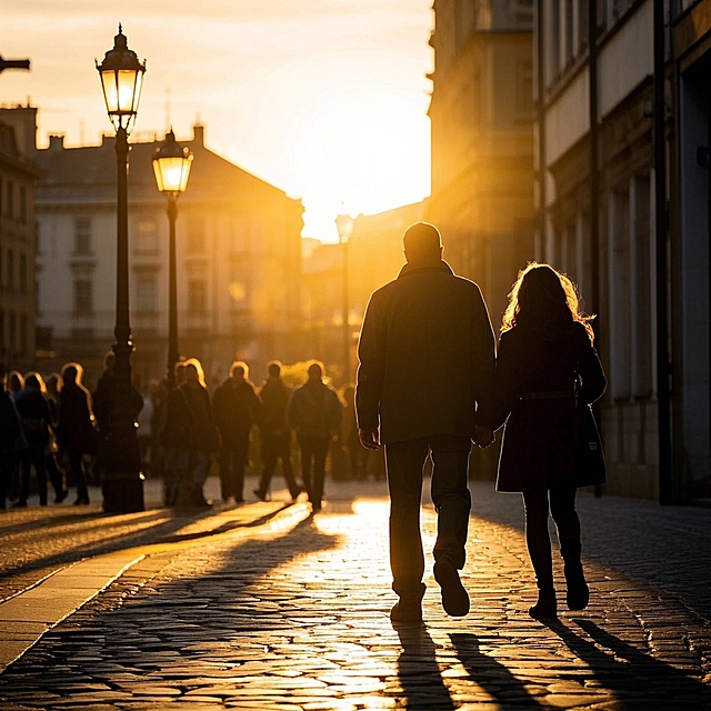 街头，情侣匆匆走过，动态模糊