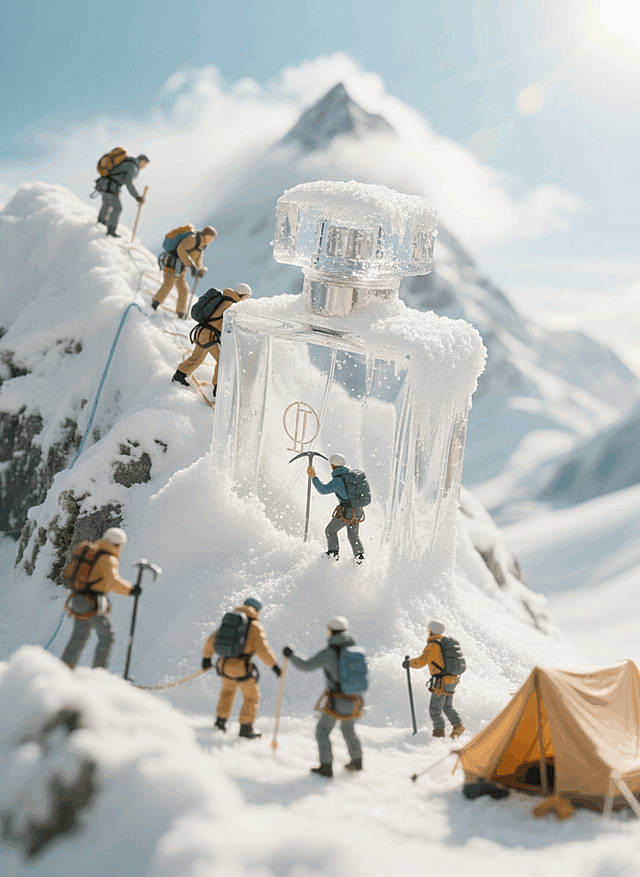 将图2商品放到图1中，商品被冰雪覆盖，小人攀爬商品，保证融图效果