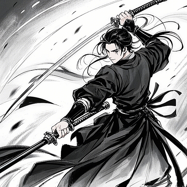 一个英俊的中国古代侠客，飘逸的黑发，战斗动作，背景为纯白色