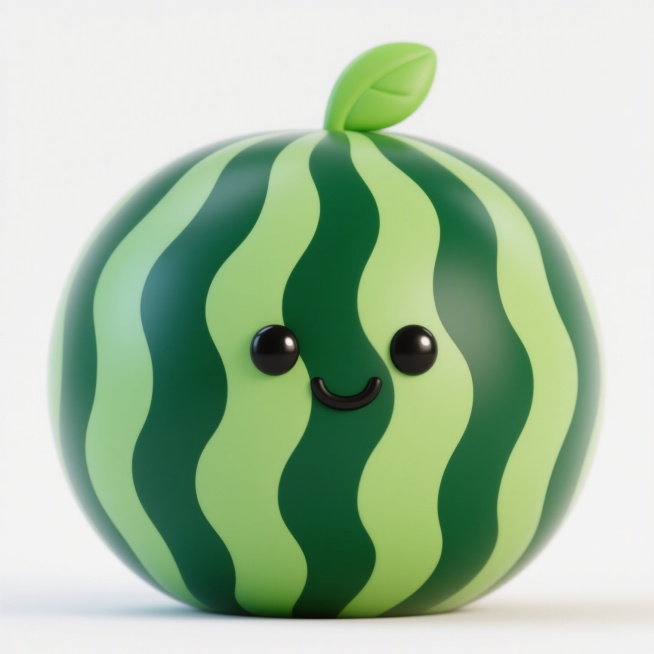 一个卡通西瓜，3D潮玩风格，圆润可爱的造型，深绿色的表皮带有浅绿色波浪条纹，顶部有一片嫩绿的小叶子，眼睛是黑色圆形带有高光，嘴巴是微笑的弧线，整体色彩鲜艳，立体感强，白色背景预览效果