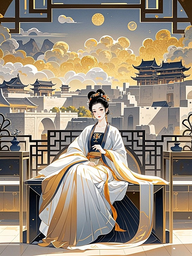 在古典的庭院里，一位国风美女端坐其间，容颜清秀端庄。身着一袭华美的汉服，背景为楼兰古城