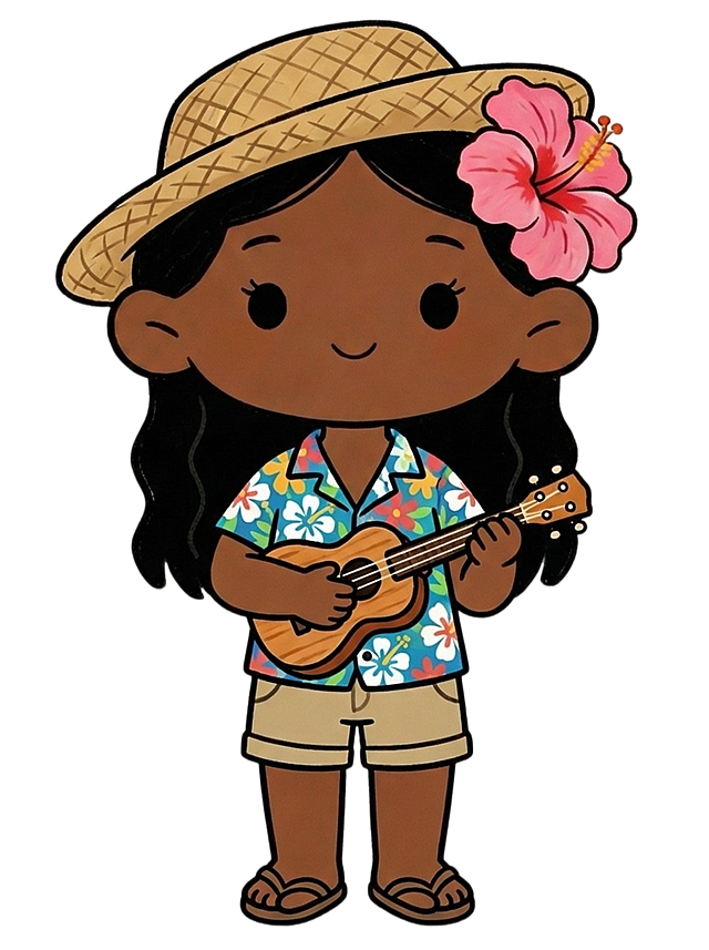 更换成草帽、夏威夷风短袖衬衫、短裤、人字拖、手拿尤克里里的装扮