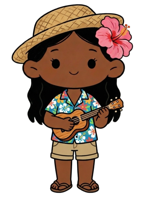 更换成草帽、夏威夷风短袖衬衫、短裤、人字拖、手拿尤克里里的装扮预览效果