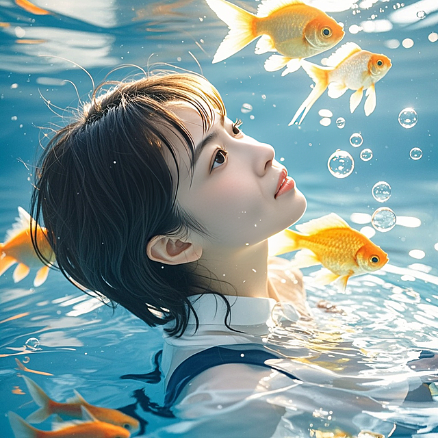 短发少女，水下，金鱼，半身照